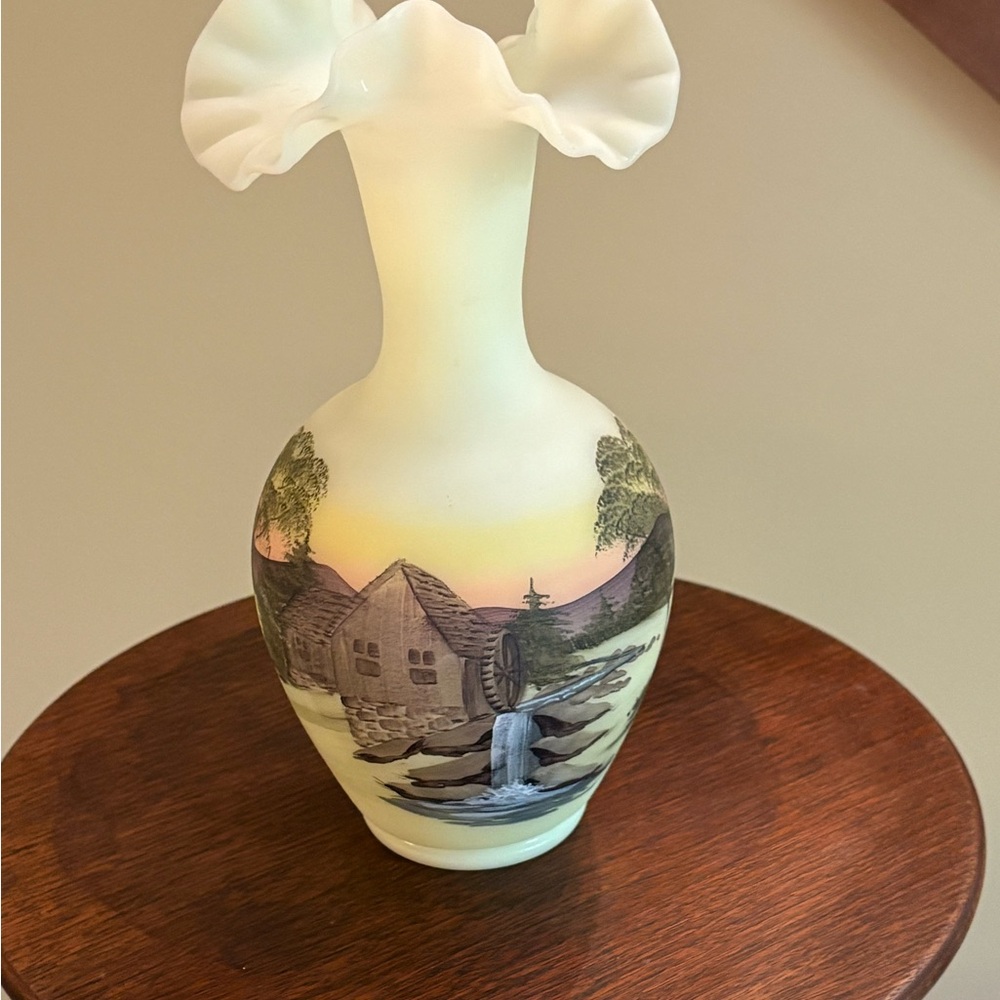 Fenton Painted Waterwheel Scene Vase